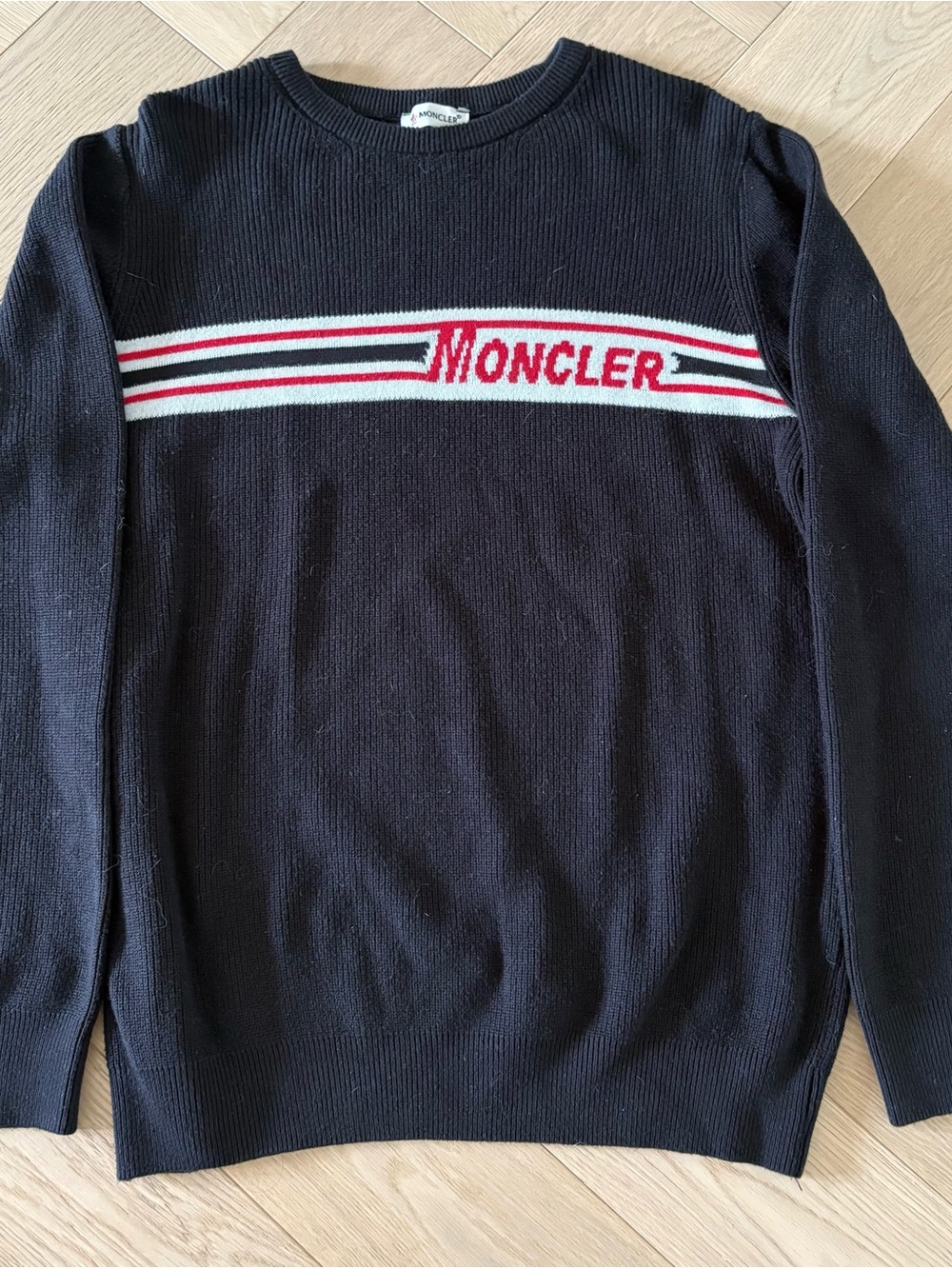 MONCLER Maglione Tricot Girocollo Stripe Logo Cardigan Pullover Sweater Black - Picture 10 of 10